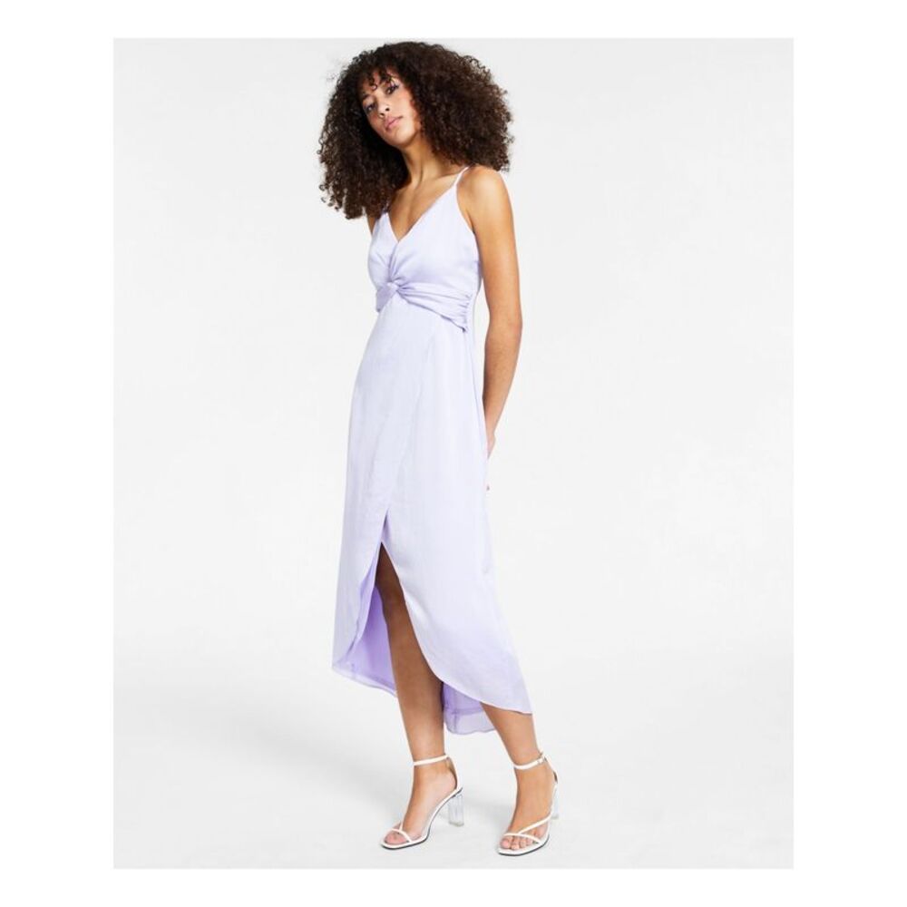 BAR III DRESSES Womens Purple Lined Slit Ruffle Knotted Dress S